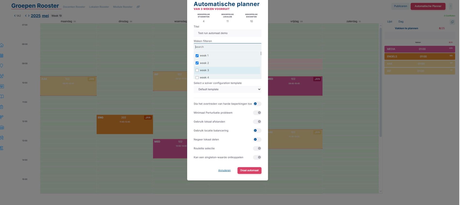 De AI-roosterautomaat met voorkeur- en conflictanalyse.