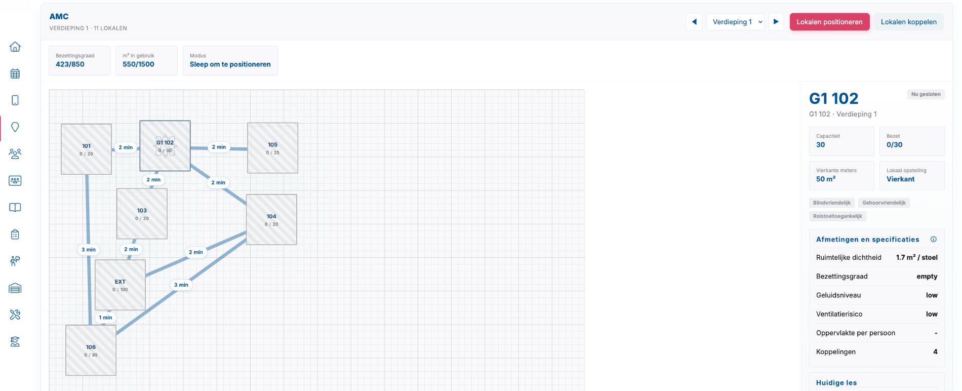 De plattegrond per verdieping, met looptijden tussen lokalen en details per lokaal.