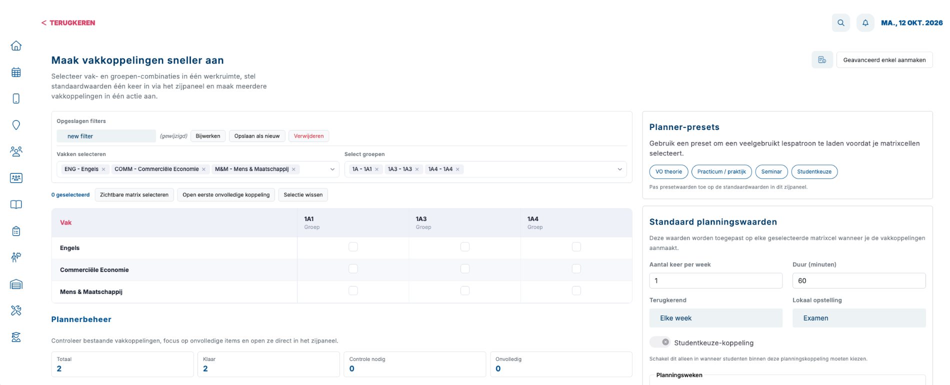 Vakkoppelingen voor meerdere groepen tegelijk aanmaken, met planner-presets.